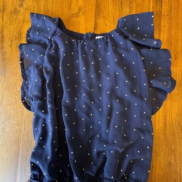 MAYORAL Ruffled Shorts Romper Girls 6 Navy Blue Gold Dot Playsuit Chiffon Jumper - Picture 3 of 9